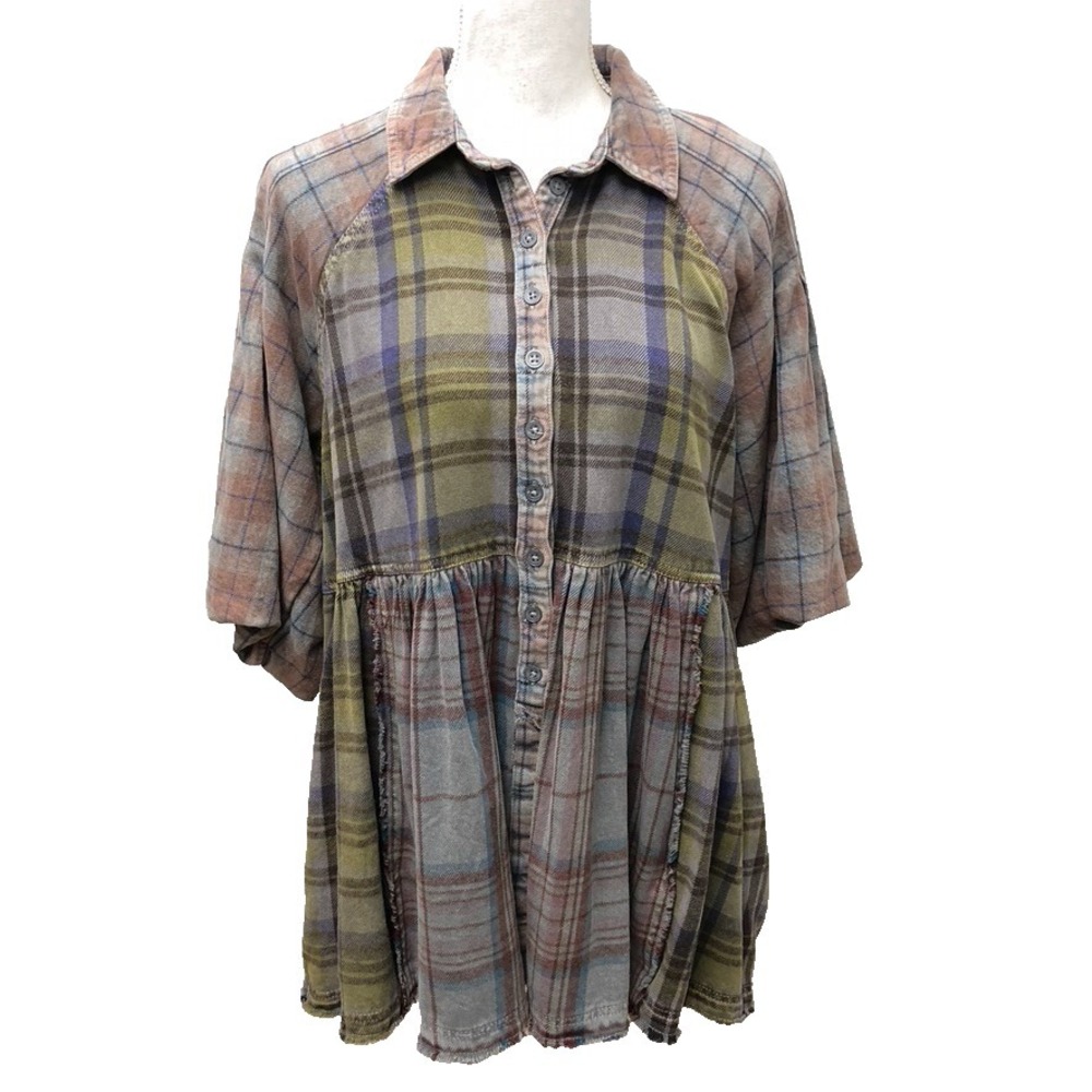 We The Free Plaid Mini Dress in Olive Green and Brown